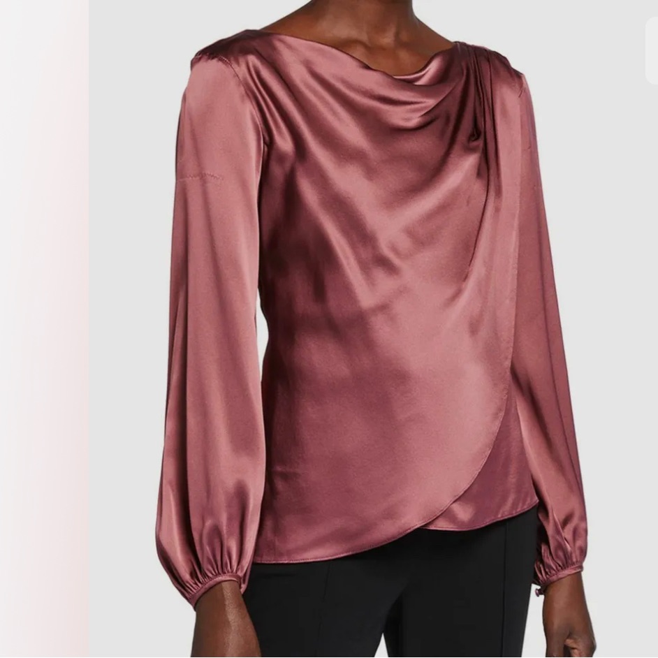 Cinq A Sept Satin Draped Long-Sleeve Blouse In Dusty Rose